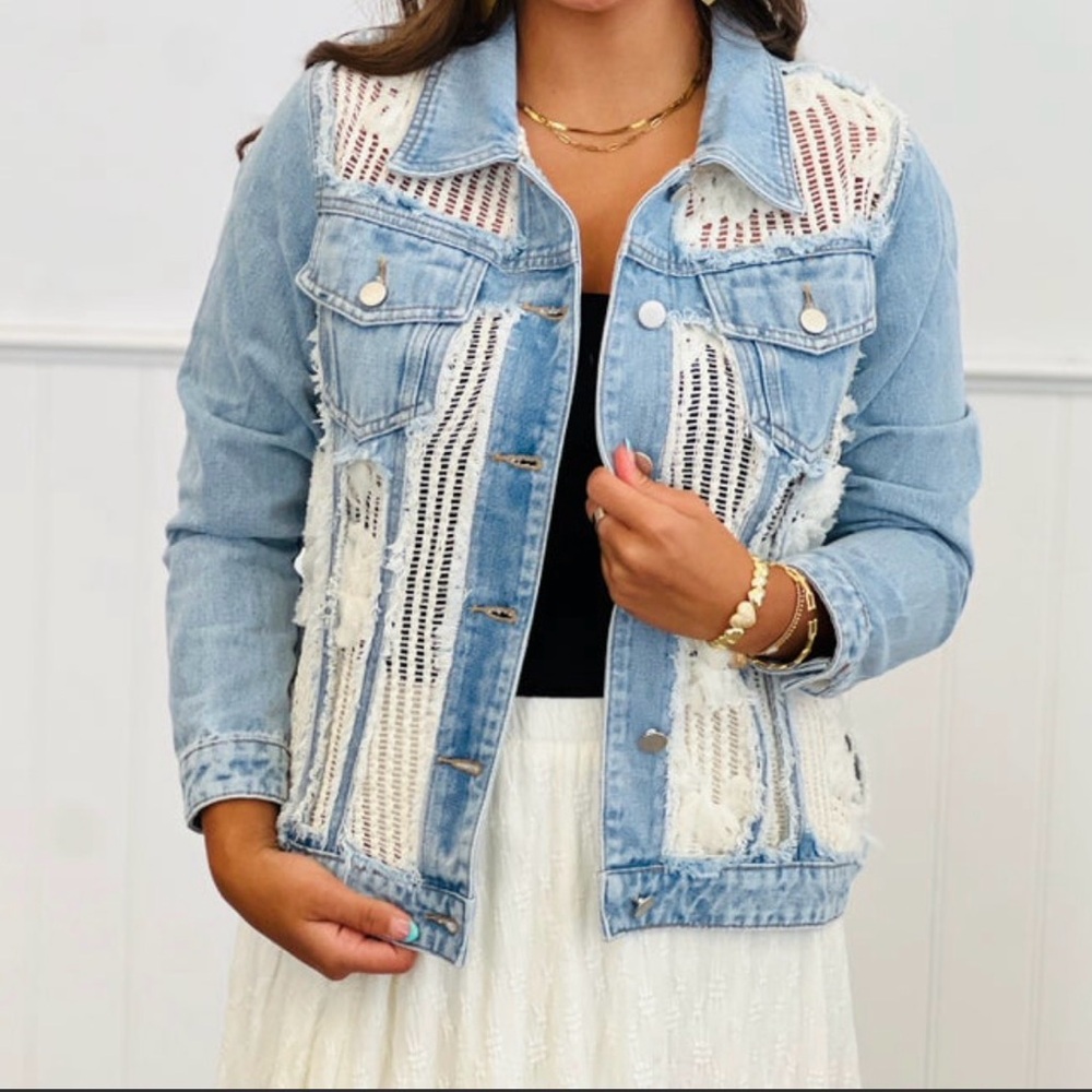 DAVI & DANI Light Blue Denim Jacket with Crochet Accents